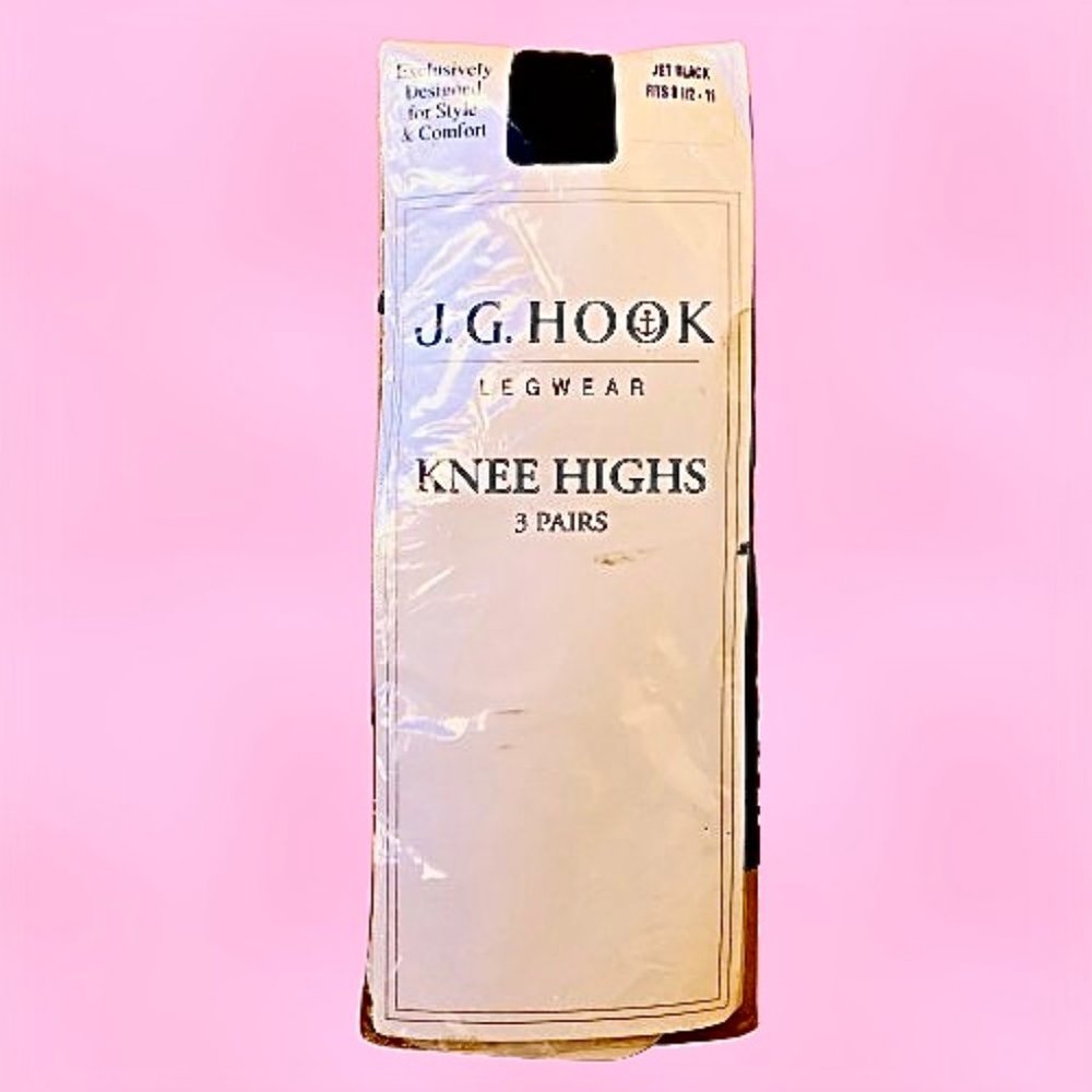 Vintage J.G. Hook Nylon KNEE HIGH Stockings Jet Black Lot of 3 Pairs New